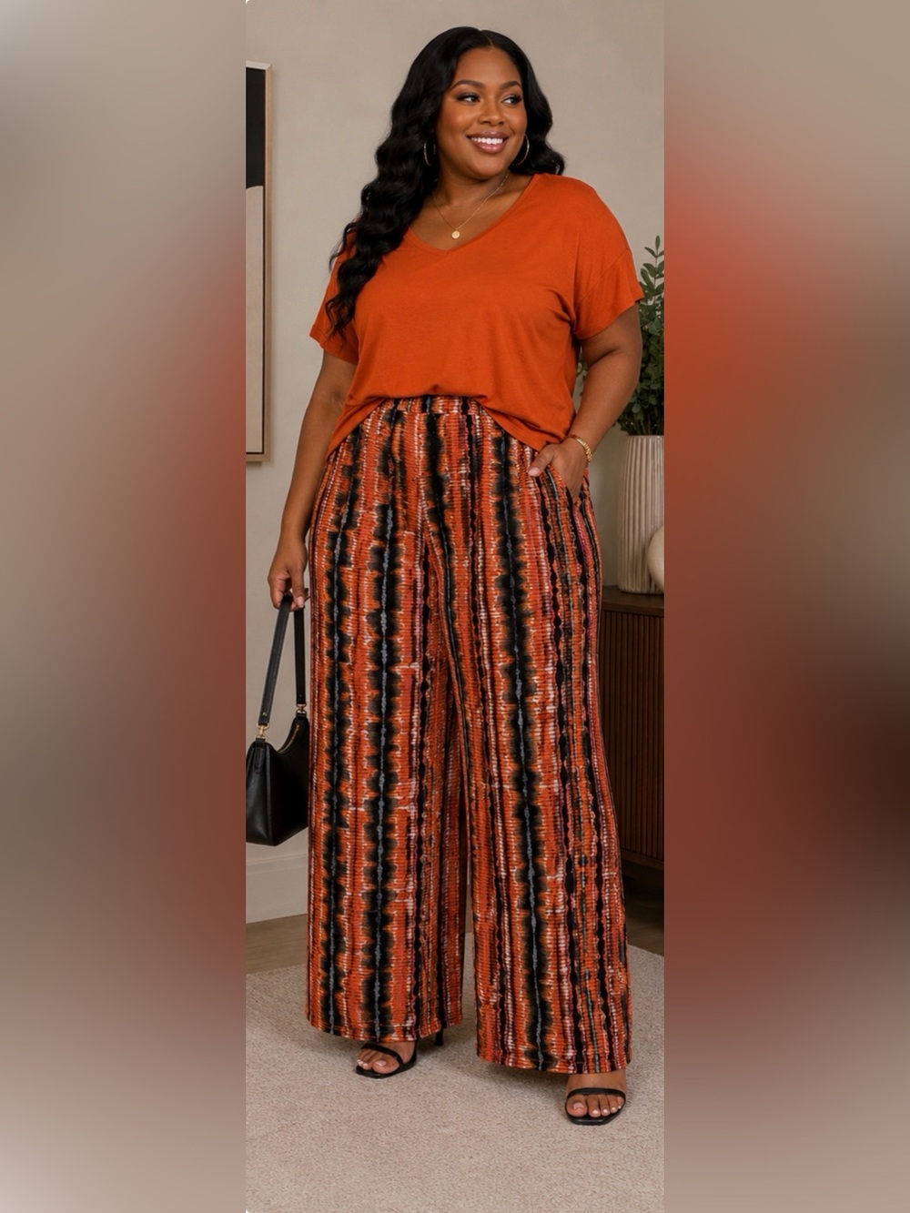 Jessica Simpson Orange & Black Striped Wide-Leg Pants